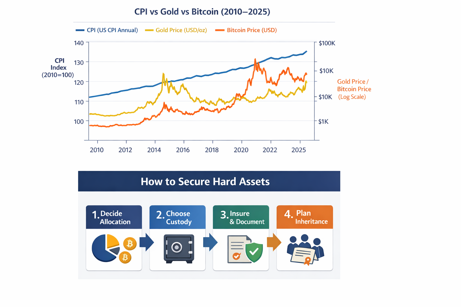Infographic: How to secure hard assets - four steps: Decide allocation, Choose custody, Insure and document, Plan inheritance